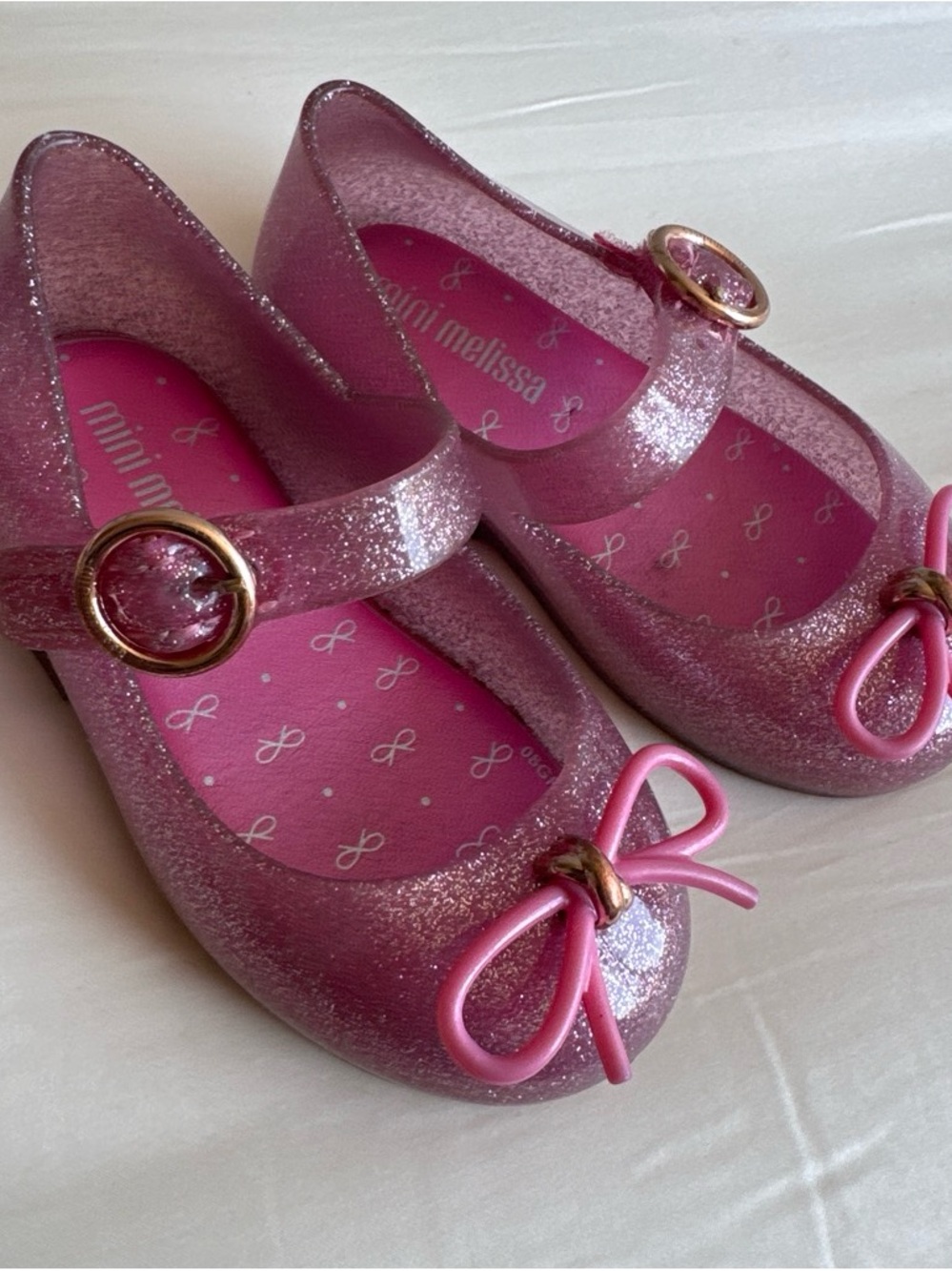 Mini Melissa Glitter Pink Mary Jane with Bow and Gold Buckle